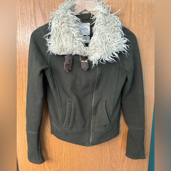 Aeropostale jacket 87 Moto jacket olive green Sherpa faux fur size Small zipper - Picture 4 of 16